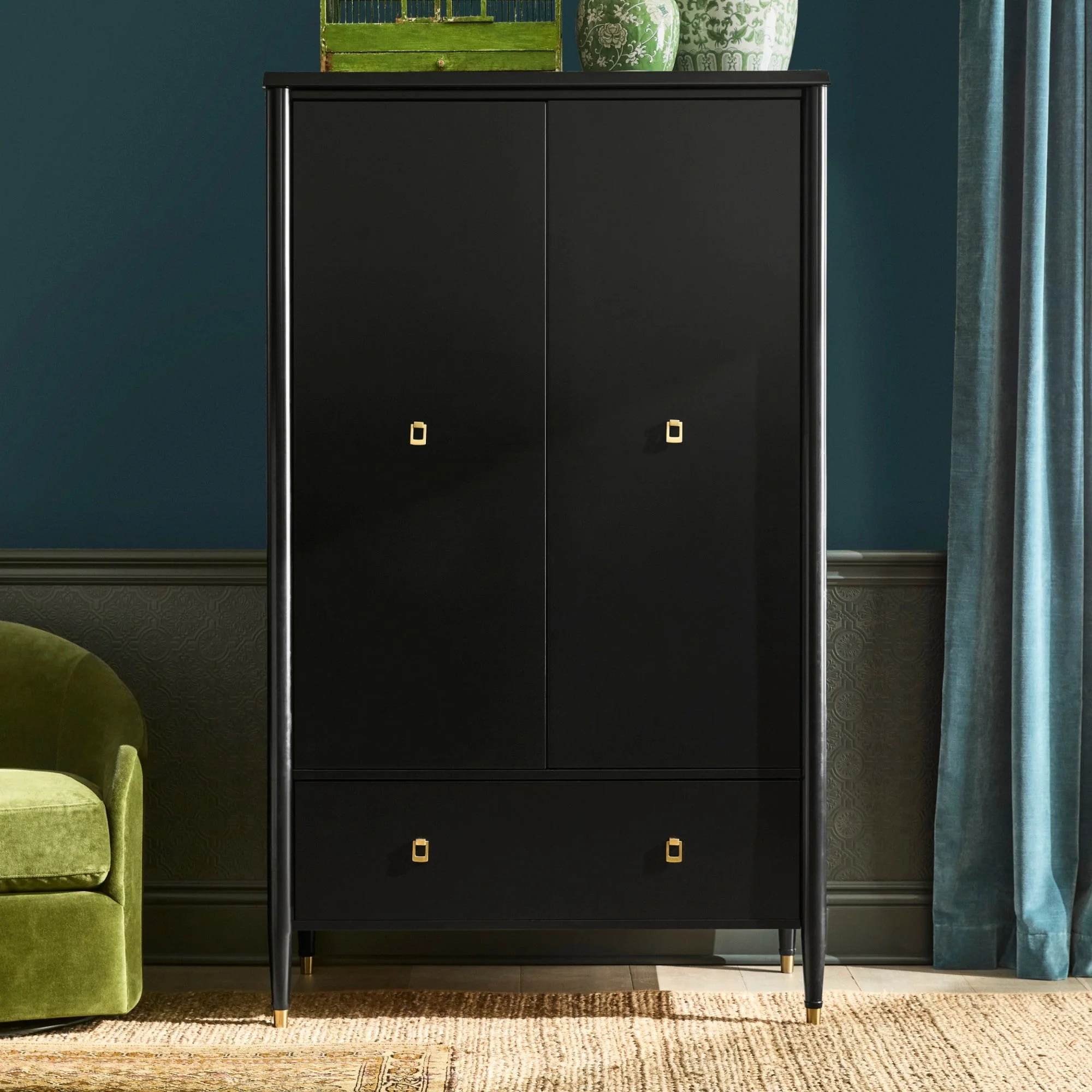 Double - door Black Storage Cabinet with Drawer