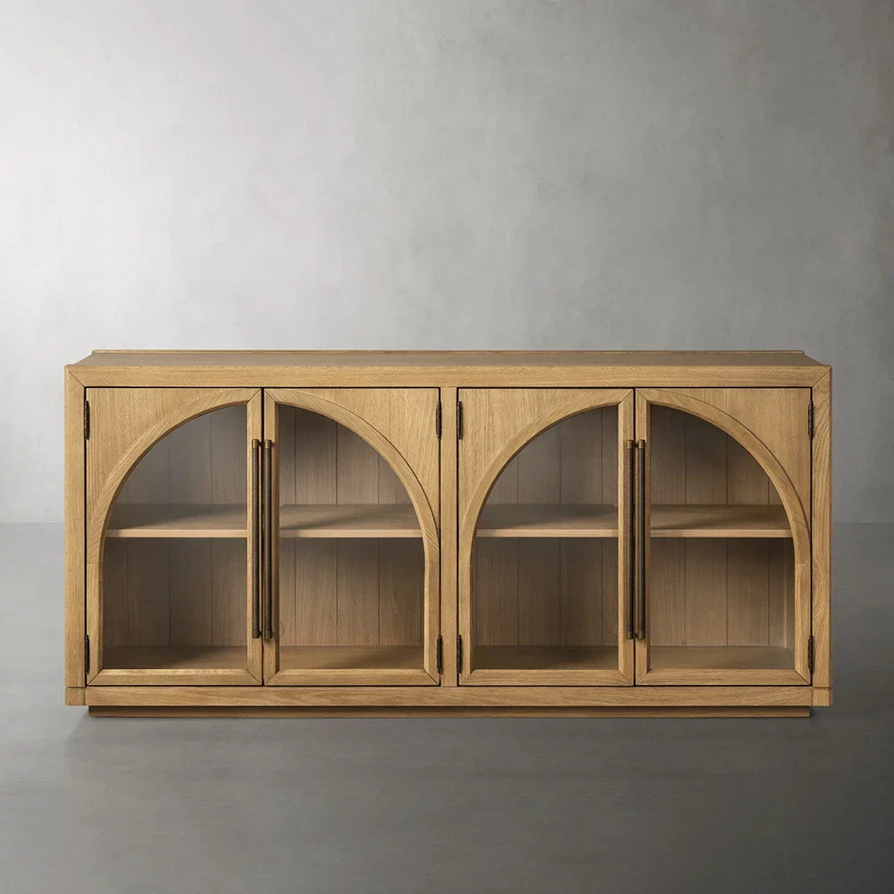 Solid Oak Sideboard / Metal And Wood Buffet Cabinet