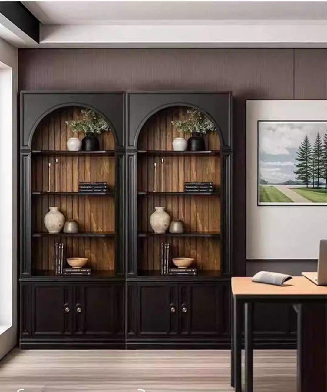 Retro arched solid wood full-wall bookcase
