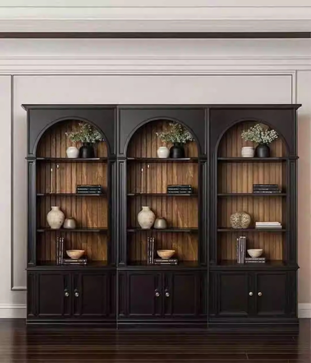 Retro arched solid wood full-wall bookcase