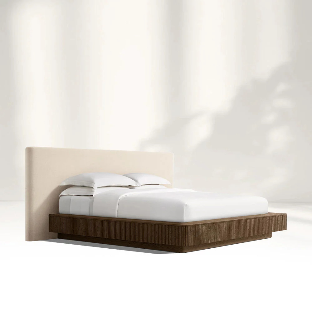 Extended Wooden Bed Frame With Fabric Base