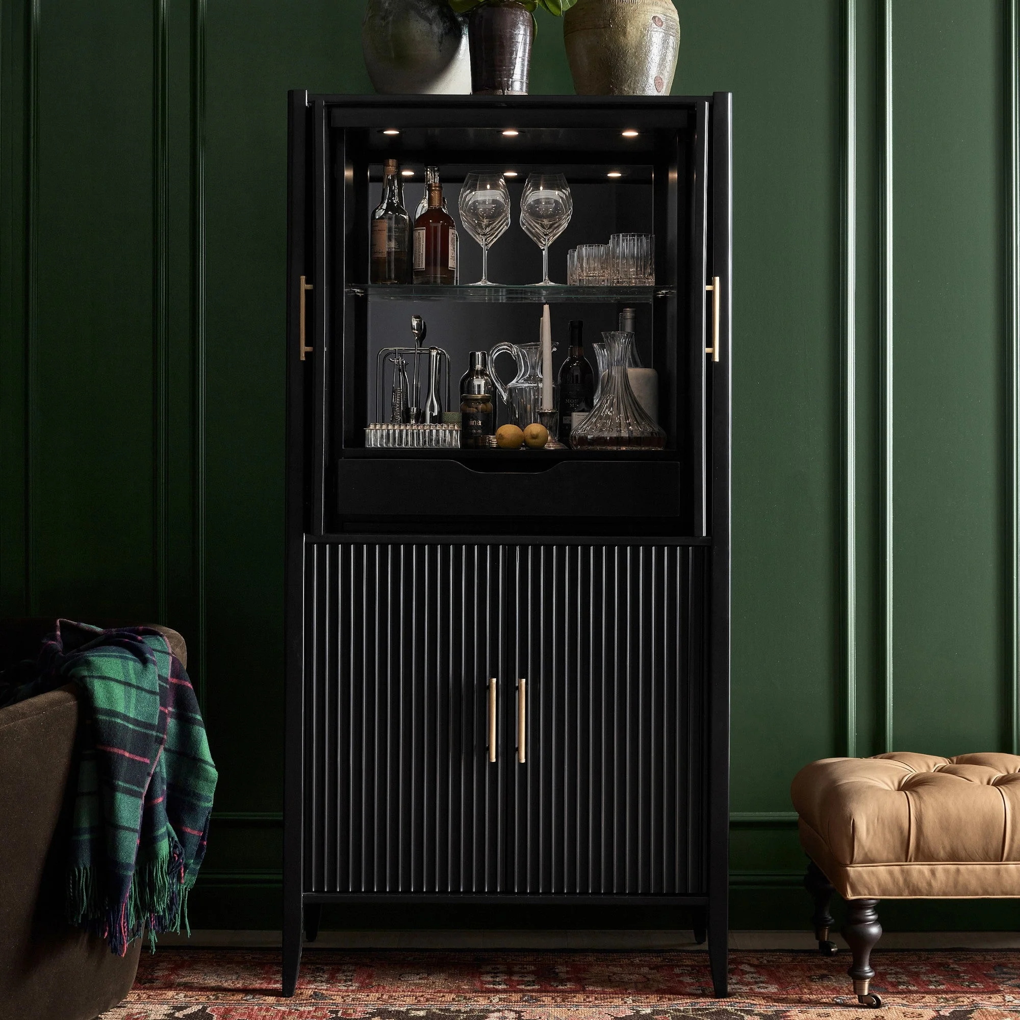 Modern Black Wood Grooved Cabinet