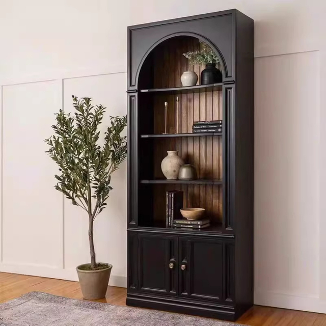 Retro arched solid wood full-wall bookcase