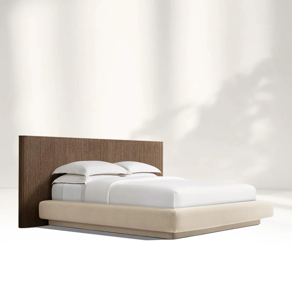 Extended Wooden Bed Frame With Fabric Base