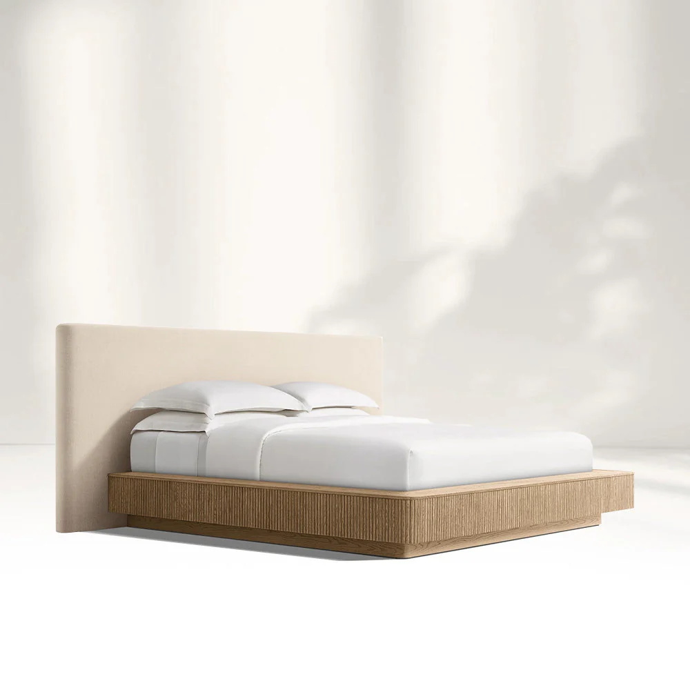 Extended Wooden Bed Frame With Fabric Base