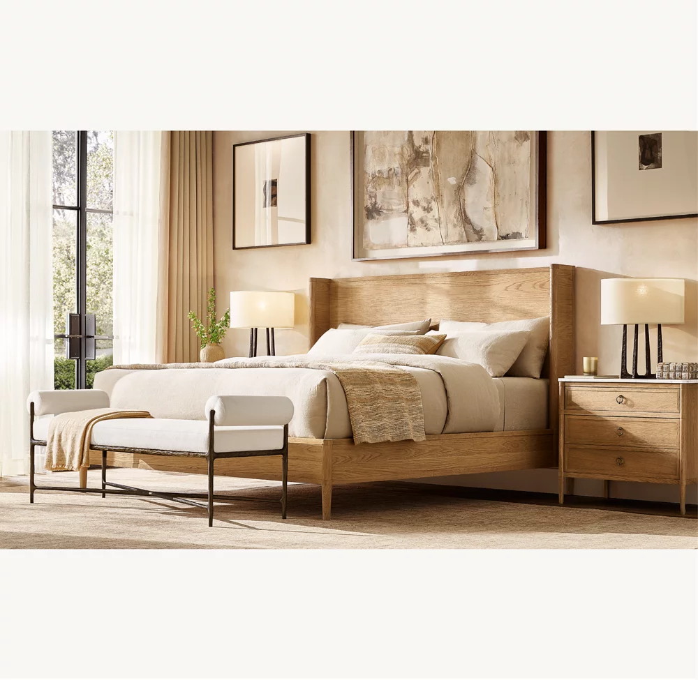 Solid Wood Bed with Wing-shaped Headboard