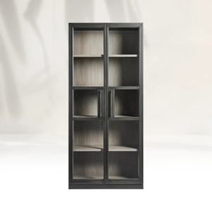 Multi-layered Storage Oak Double-door Glass Bookcase