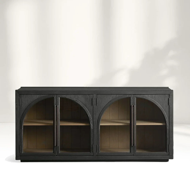 Solid Oak Sideboard / Metal And Wood Buffet Cabinet