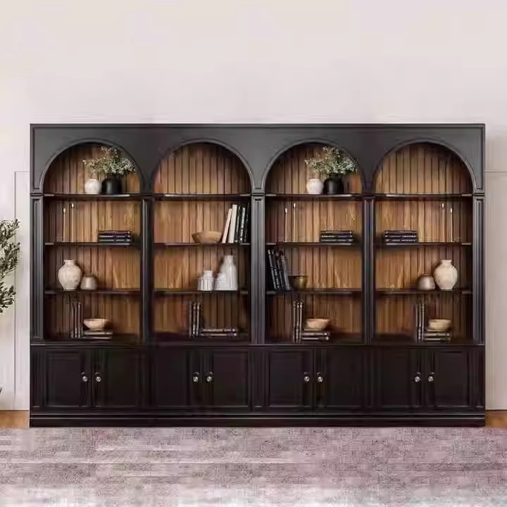 Retro arched solid wood full-wall bookcase
