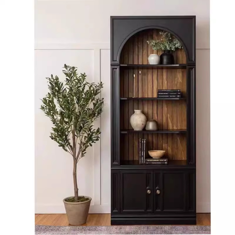 Retro arched solid wood full-wall bookcase