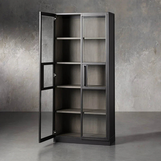 Multi-layered Storage Oak Double-door Glass Bookcase