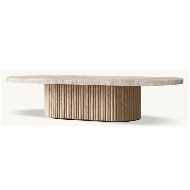 Natural Stone Wood Pedestal Coffee Table
